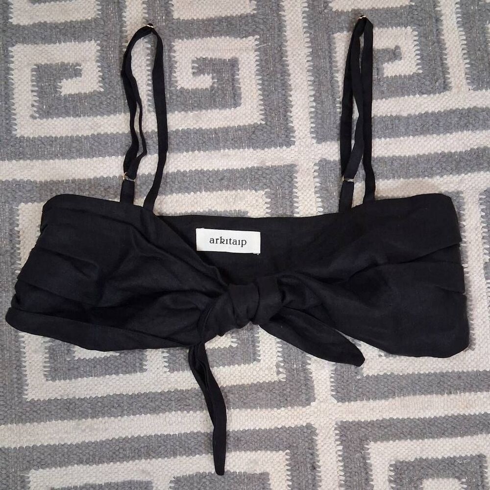 Arkitaip womens medium crop top black tie front 100% authentic linen shirt